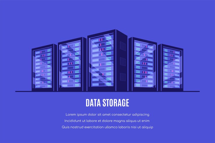 Vector armarios de servidores de servidores en funcionamiento. almacenamiento de datos, almacenamiento en la nube, centro de datos. estilo