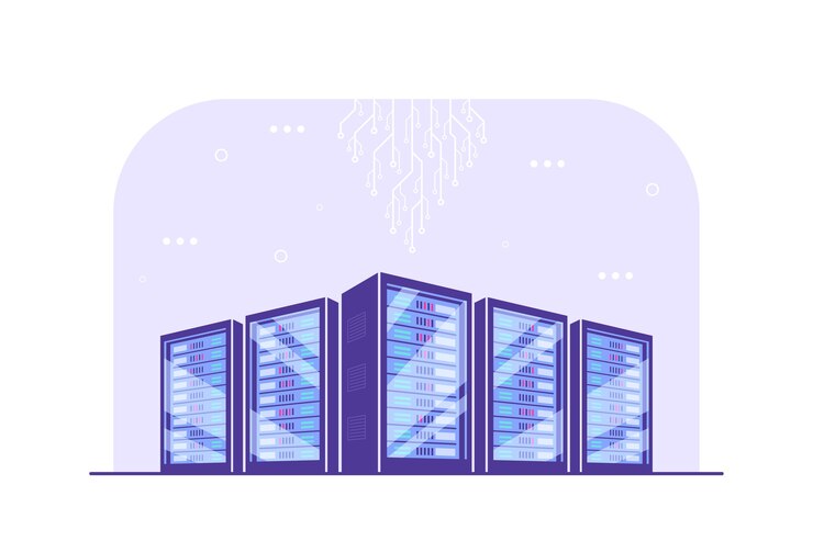 Vector armarios de servidores de servidores en funcionamiento. almacenamiento de datos, almacenamiento en la nube, centro de datos.