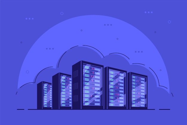 Armarios de servidores de servidores en funcionamiento. almacenamiento de datos, almacenamiento en la nube, centro de datos.