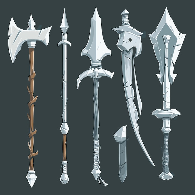 Armas de la Edad de Piedra Icono Hoja Hacha Lanza Arco Glaive Espada Blanca