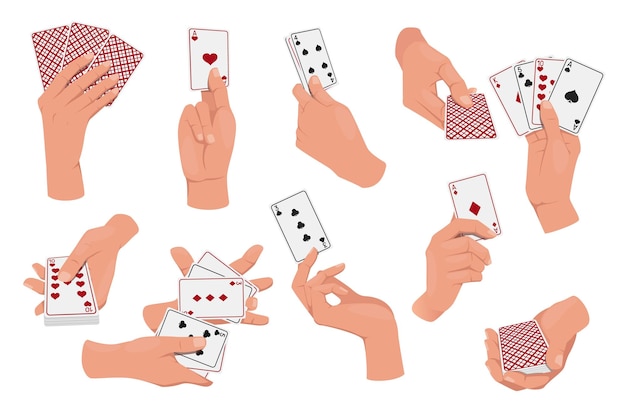 Armas humanas de dibujos animados sosteniendo cartas de juego Jugando suerte en el casino de Vegas Ganando el premio mayor Jugando fortuna Mezclando barajas Jugando ases Mano de póquer Club de entretenimiento Juegos de mesa conjunto vectorial