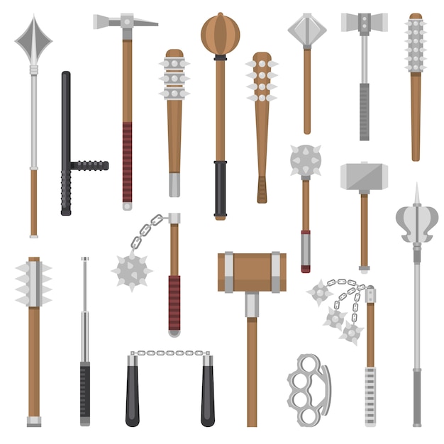 Vector armas medievales protección antigua guerrero y martillo de metal antiguo ilustración conjunto de armamento de arma de fuego y armadura maza nunchaku nudillos aislado sobre fondo blanco.