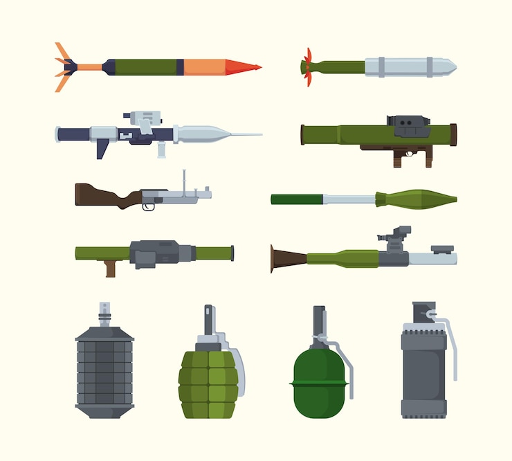 Vector armas militares artículos para la artillería pesada del ejército bombas voladoras lanzadores de granadas bazucas de acero detonadores de explosivos llamativas ilustraciones vectoriales de armas