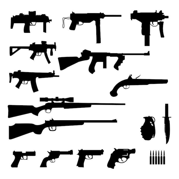 Vector armas y pistolas conjunto de iconos de colección silueta negra ilustración vectorial