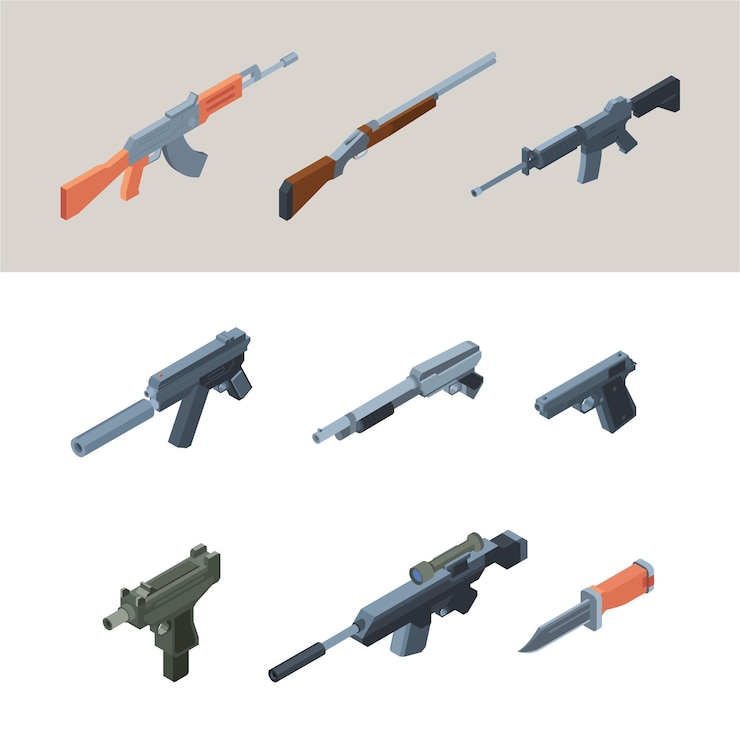 Vector armas de soldados armas automáticas de armas isométricas para guerreros modernos armas de vectores llamativas para imágenes de colección de guerra aisladas