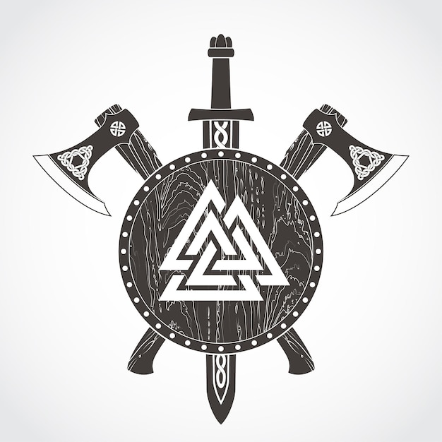armas vikingas conjunto escudo hacha y espada heráldica logotipo con valknut