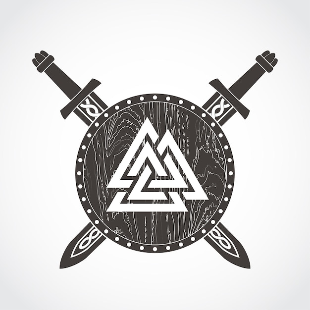 armas vikingas con símbolo de valknut escudo y espadas