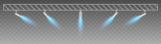 Armazón metálico con focos ajustables que emiten rayos azules suaves proyector de reflector estilo industrial con iluminación enfocada exposiciones de luz de escenario interior moderno