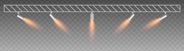 Armazón metálico con focos ajustables que emiten rayos dorados suaves proyector de reflector estilo industrial con iluminación enfocada exposiciones de luz de escenario interior moderno