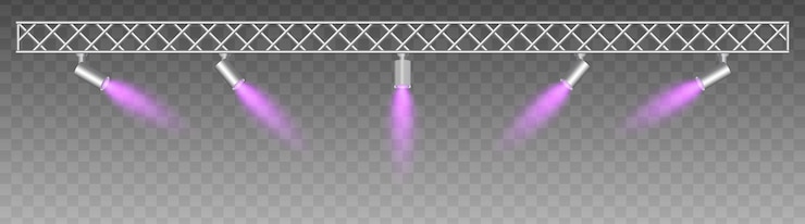 Vector armazón metálico con focos ajustables que emiten rayos púrpuras suaves proyector de reflector configuración de estilo industrial con iluminación enfocada exposiciones de luz de escenario interior moderno