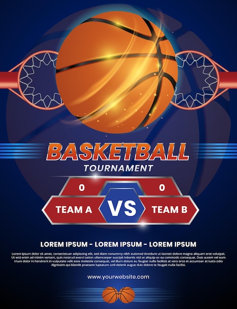 Aro de baloncesto y diseño de afiches deportivos de pelota. vector de volante de torneo de baloncesto