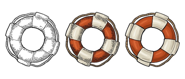 Aro salvavidas con cuerda aislado sobre fondo blanco. Ilustración de grabado vintage de color vectorial para tatuaje, web y etiqueta. Dibujado a mano en un estilo gráfico.