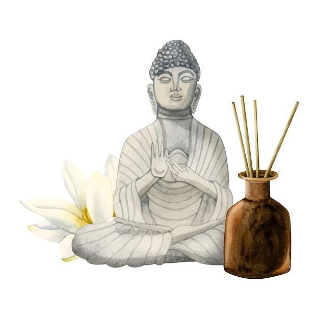 Aromas de estatuas de Buda en difusor y loto para aromaterapia de spa y bienestar