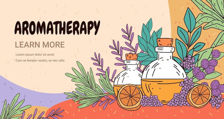 Vector aromaterapia aceites esenciales botellas hierbas cítricos plantas vibrantes colorido fondo diseño de bienestar