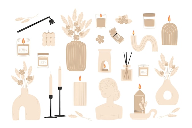 Aromaterapia y acogedora colección de velas perfumadas como decoración interior en estilo plano