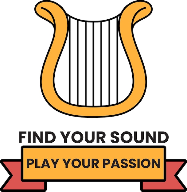 Un arpa con una cinta que dice Encuentra tu sonido Toca tu pasión