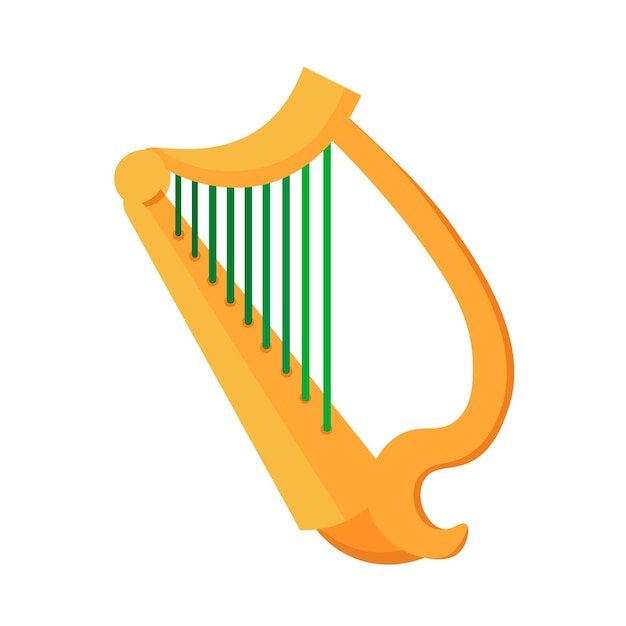 Arpa musical vectorial de dibujos animados con cuerdas verdes y madera dorada en los colores de la bandera irlandesa