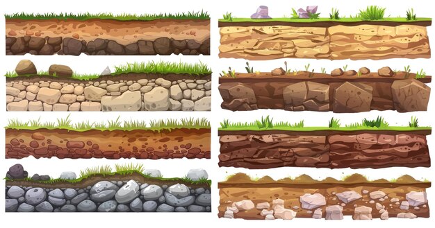 Vector arqueología de rocas enterradas subterráneas paisaje patrón vectorial de dibujos animados conjunto aislado