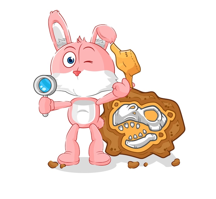 Vector arqueólogos de conejito rosa con vector de dibujos animados de mascota de fósiles