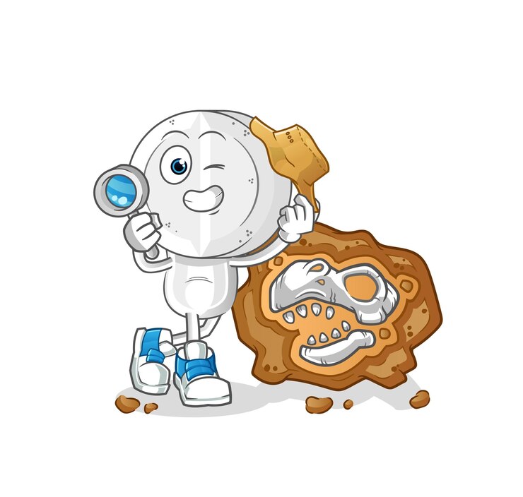 Vector arqueólogos de dibujos animados de cabeza de tableta de medicina con vector de dibujos animados de mascota de fósiles