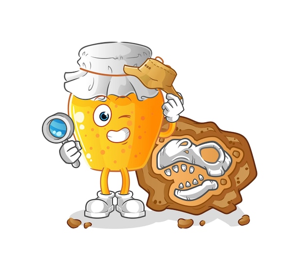 Arqueólogos de tarros de miel con mascota de fósiles. vector de dibujos animados