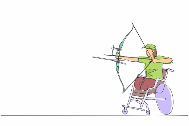 Vector arquería discapacitada con una sola línea continua de dibujo atleta femenina que apunta con arco deportivo deporte de tiro con arco