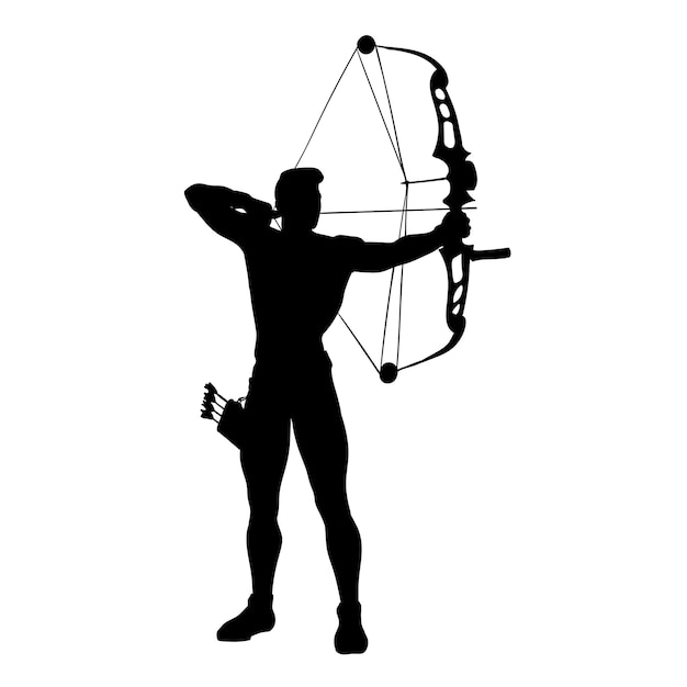 Arquero de silueta con un arco y apuntando al objetivo