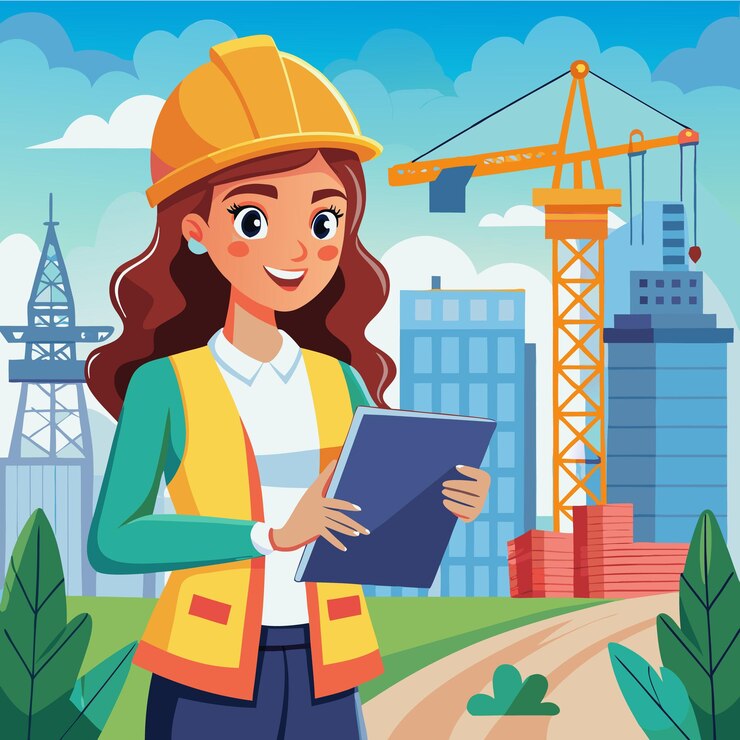 Vector arquitecta feliz sosteniendo un plan frente a un sitio de construcción