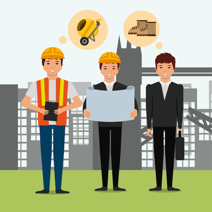 Vector arquitecto de construcción anteproyecto contratista capataz hablando ilustración vectorial
