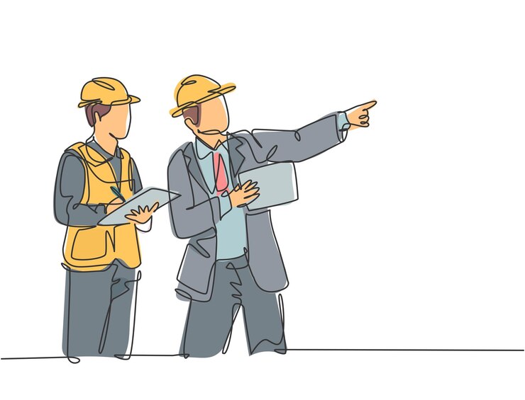 Vector arquitecto y constructor de dibujo de una sola línea continua discutiendo el plano de residencia con un consultor