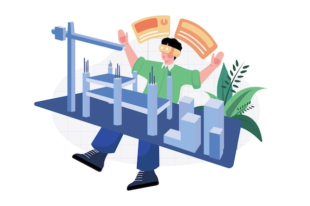 Un arquitecto masculino trabaja en un sitio de construcción en realidad virtual