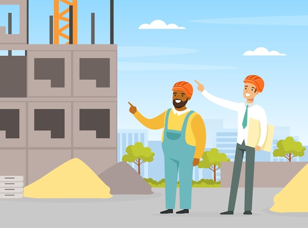 El arquitecto planifica y supervisa el proceso de trabajo en el sitio de construcción Ilustración vectorial