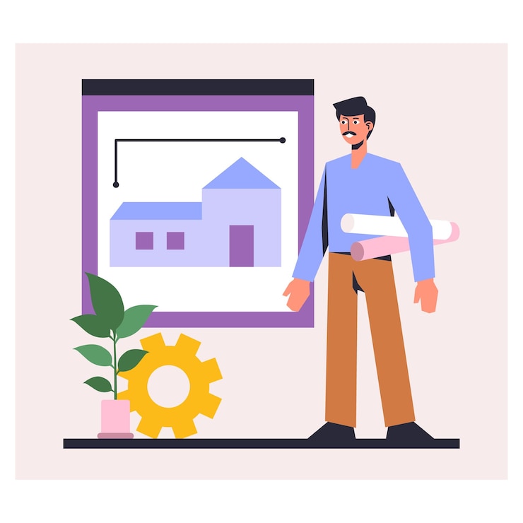 Vector arquitecto profesional con planes y esperando al cliente