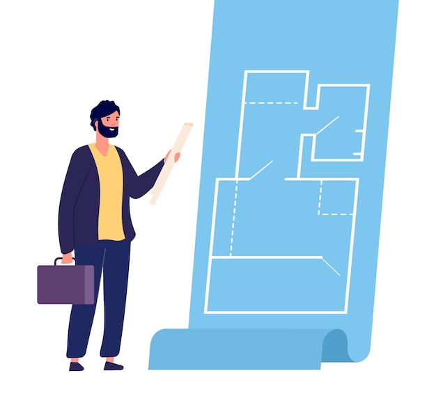 Arquitecto con proyecto. Carácter de vector hombre ingeniero. Arquitecto profesional e ilustración de dibujo. Construcción de arquitecto profesional, ingeniero hombre con plano