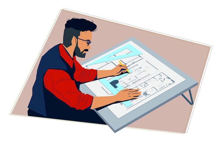 Vector arquitecto que trabaja en el concepto de mesa de dibujo