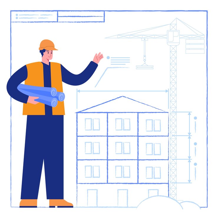 Vector arquitecto sostiene dibujo de construcción grúa de construcción cerca del futuro edificio de varios pisos ingeniero diseña casa en plano con medidas escena de ilustración vectorial de bienes raíces con carácter