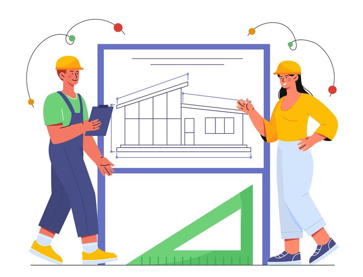 Vector arquitectos en el concepto de lugar de trabajo hombre y mujer con sombreros protectores cerca de la arquitectura de planos y