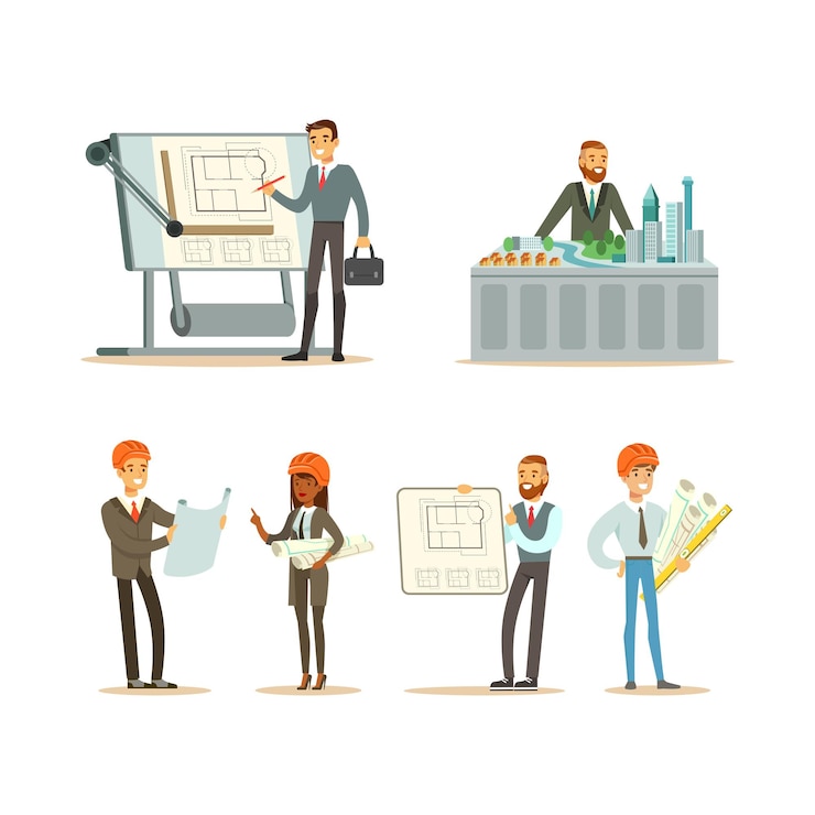 Vector arquitectos trabajando en planes arquitectónicos set ingenieros de construcción masculinos y femeninos creando nuevos proyectos ilustración vectorial de dibujos animados