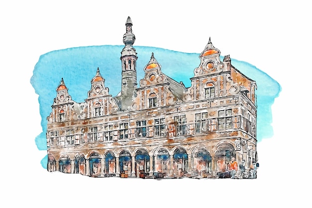 Arquitectura Aalst bélgica acuarela dibujado a mano ilustración aislada sobre fondo blanco