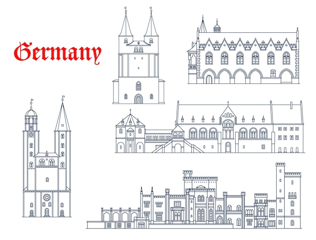 Arquitectura de Alemania, monumentos de Potsdam y Goslar, iconos de edificios de viaje. Marktkirche de Goslar, Palacio Imperial Kaiserpfalz, Ayuntamiento Rathaus y Palacio Babelsberg Schloss en Potsdam. Vector