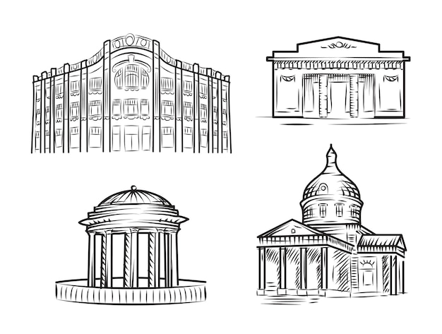 Arquitectura antigua en estilo de arte lineal conjunto vectorial de  ilustraciones dibujadas a mano templo ruso y otros edificios clásicos |  Vector Premium