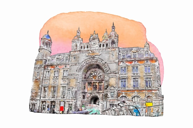 Arquitectura antwerpen bélgica acuarela dibujado a mano ilustración aislada sobre fondo blanco