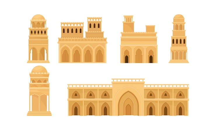 Vector arquitectura árabe y edificios con conjunto vectorial de ornamentos geométricos