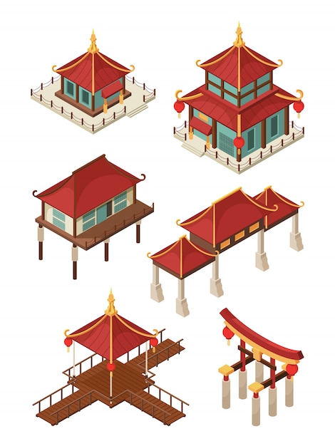 Arquitectura asiática isométrica. Chino tradicional y Japón casas edificios techo 3d ilustraciones