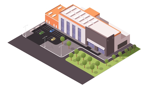 Arquitectura del edificio del centro comercial de la ciudad Supermercado moderno Construcción de negocios minoristas comerciales Fachada exterior con zona de estacionamiento Propiedad privada Centro de la ciudad Ilustración vectorial isométrica