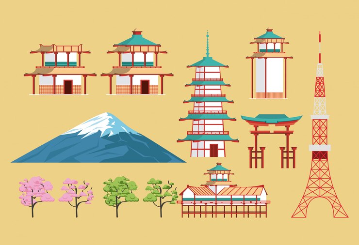 Vector arquitectura y elementos japoneses.