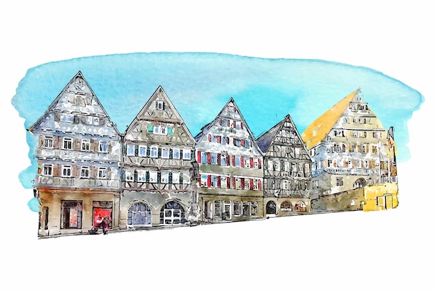 Arquitectura herrenberg alemania acuarela dibujado a mano ilustración aislada sobre fondo blanco