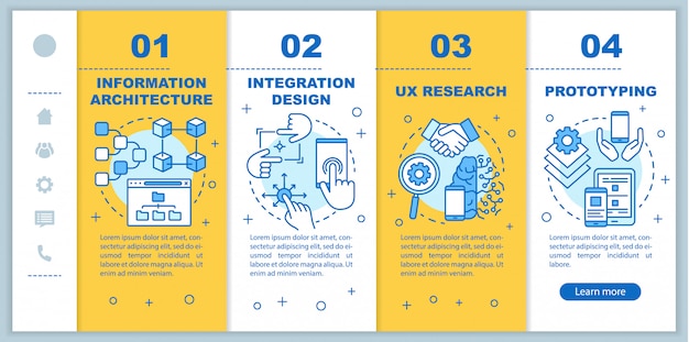 Arquitectura de la información que incorpora la plantilla de páginas web móviles. idea de interfaz de sitio web de teléfono inteligente sensible con ilustraciones lineales. pantallas paso a paso de la página web. concepto de color