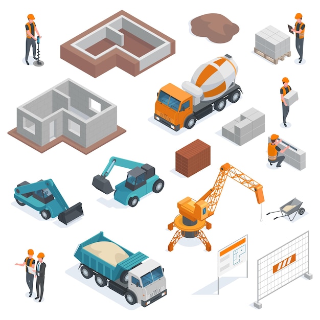 Arquitectura isométrica edificio construcción arquitecto y constructores flujo de trabajo Equipo de trabajo de construcción ilustración vectorial conjunto Trabajadores de la construcción