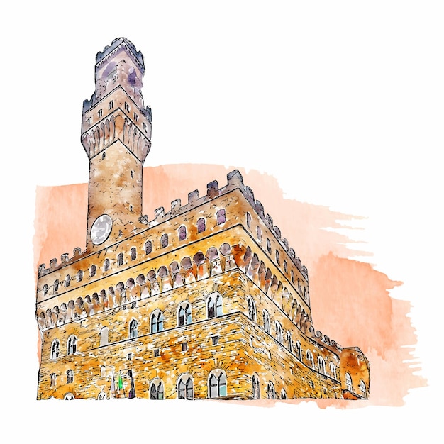 Vector arquitectura palazzo vecchio italia acuarela dibujado a mano ilustración